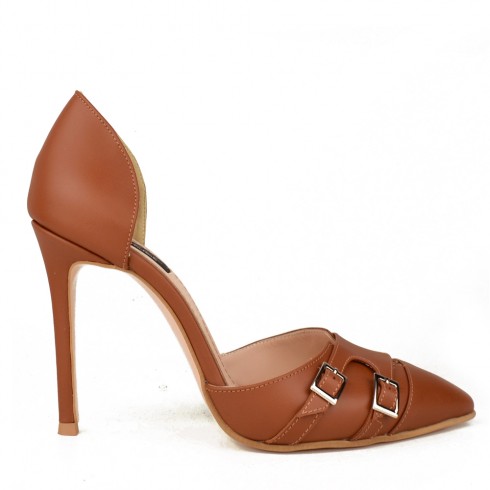 OPEN SIDED STILETTO BROWN LEATHER MONK