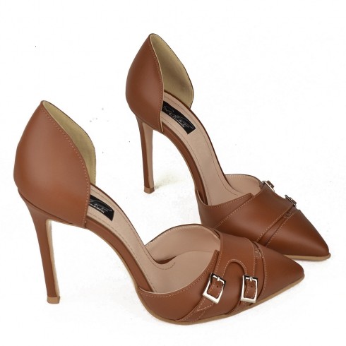 OPEN SIDED STILETTO BROWN LEATHER MONK - poza 3